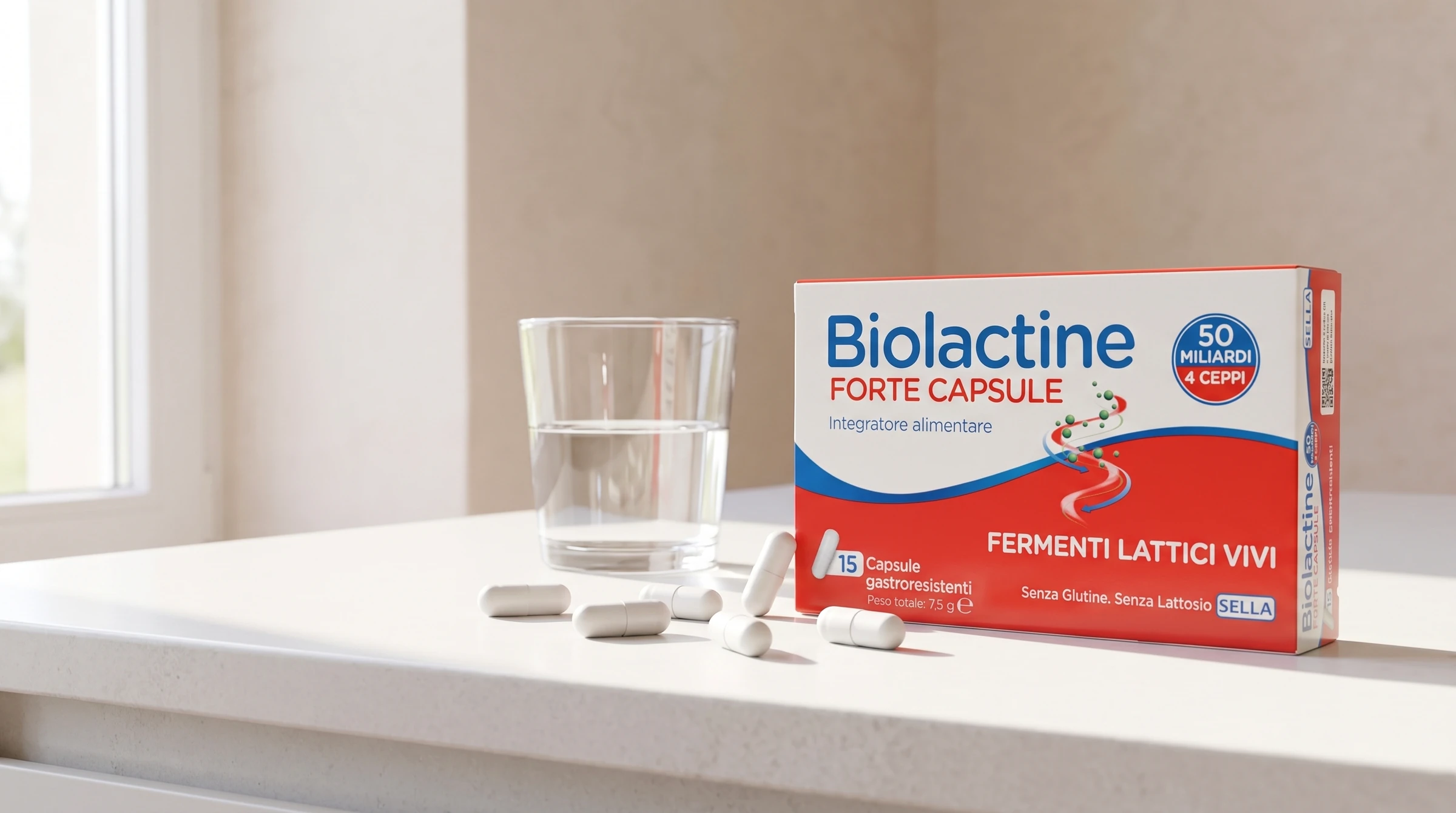 Confezione di Biolactine Forte Capsule con capsule di fermenti lattici vivi e bicchiere d'acqua