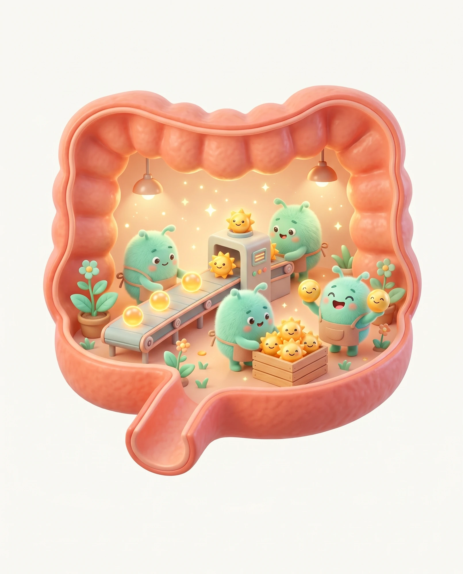 Illustrazione 3D di un intestino con simpatici batteri che lavorano a un nastro trasportatore