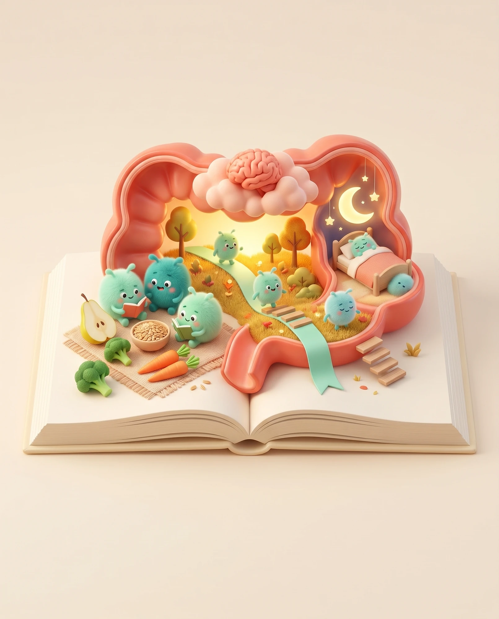 Illustrazione 3D di un intestino su un libro aperto con batteri buoni, verdure e cervello su una nuvola