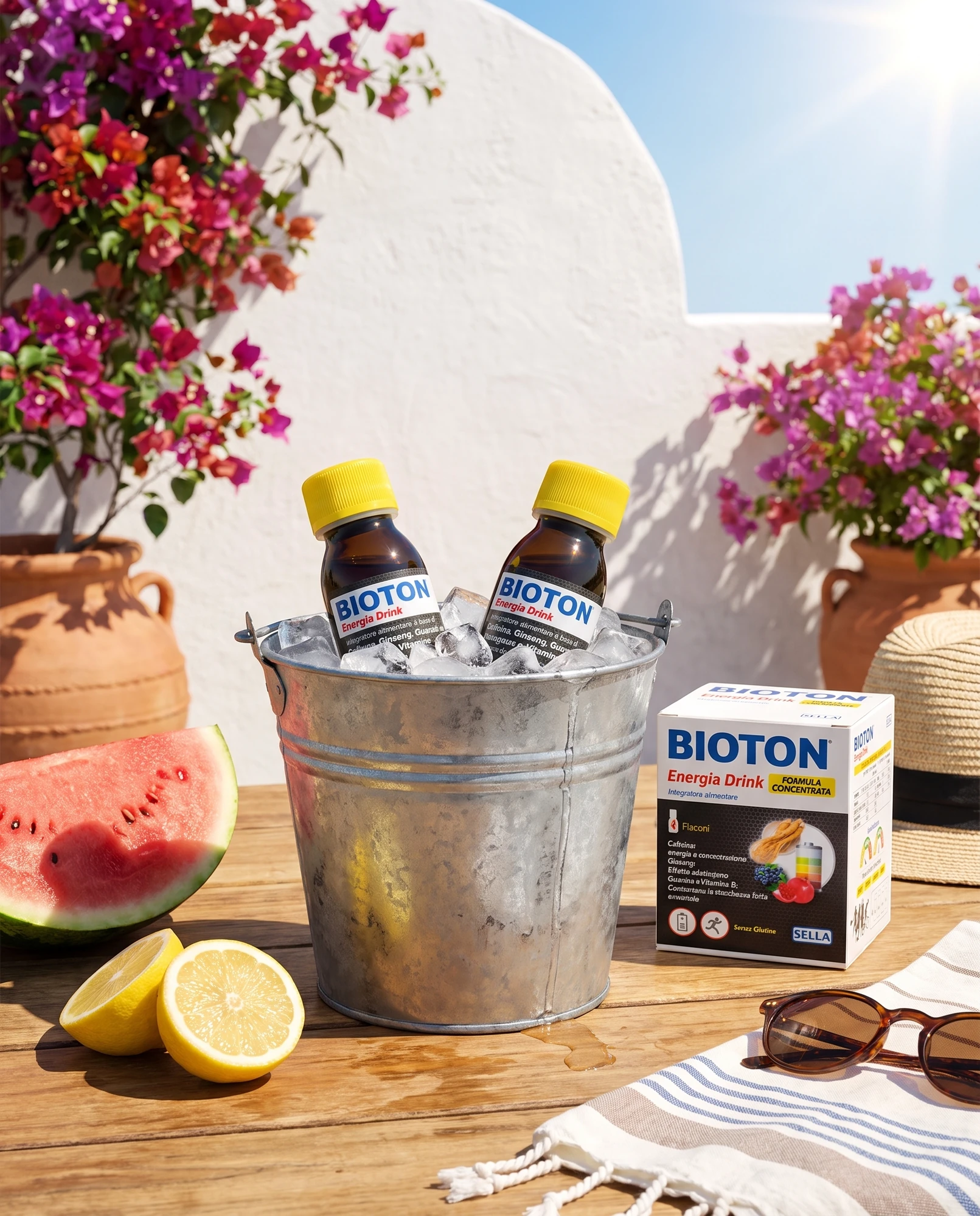 Flaconcini di Bioton Energia Drink nel secchio del ghiaccio su tavolo estivo con anguria e limone