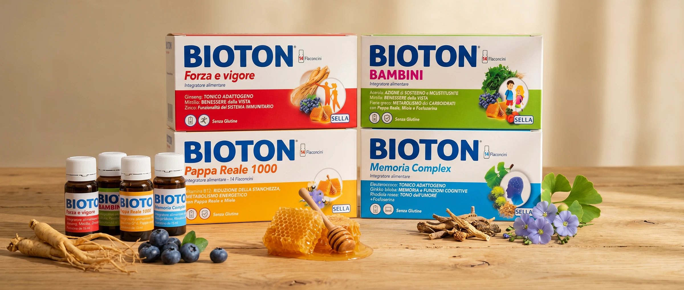 Gamma Bioton Sella: Forza e vigore, Bambini, Pappa Reale 1000 e Memoria Complex con flaconcini, ginseng, mirtilli e miele
