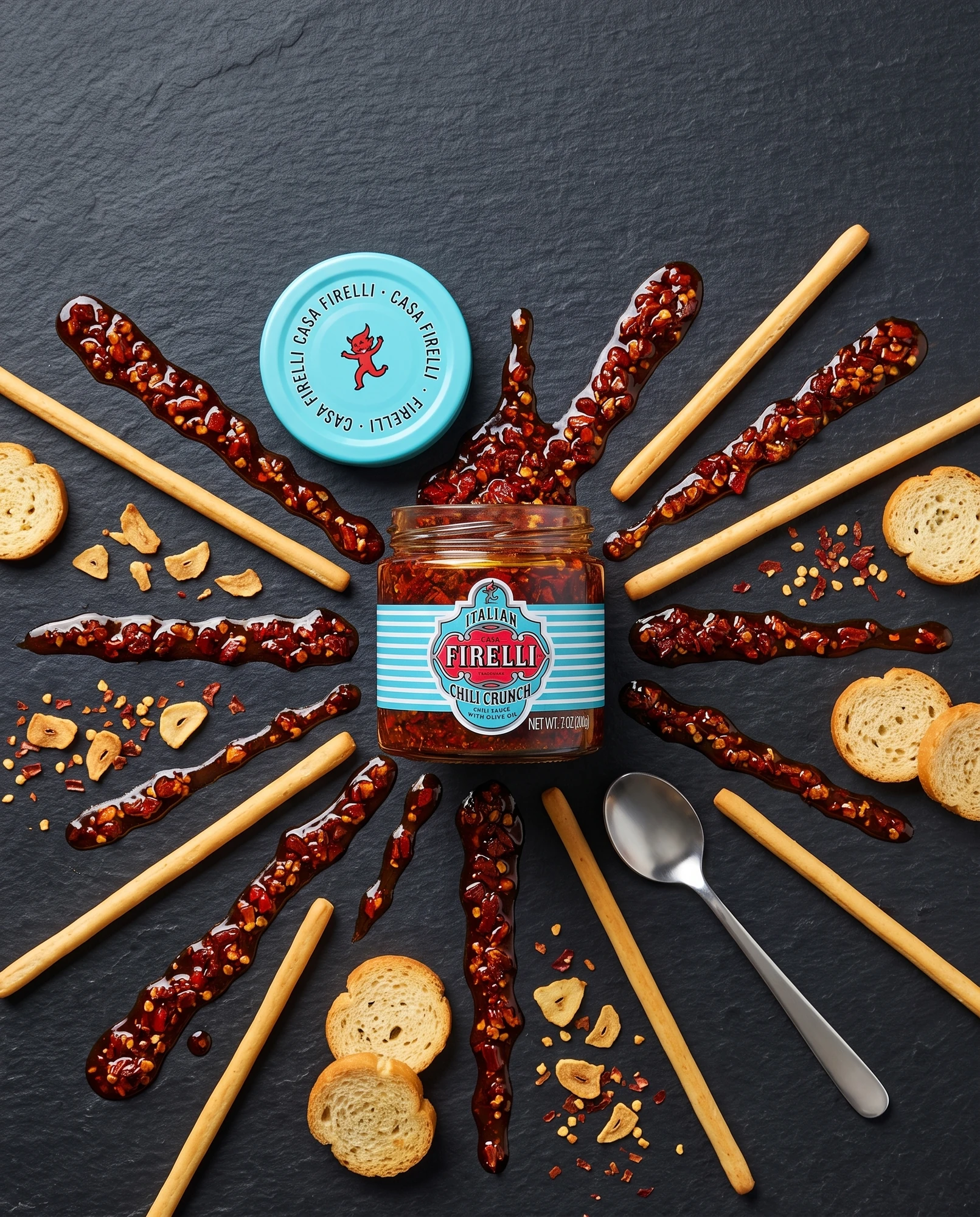 Vasetto di Chili Crunch Casa Firelli al centro di strisce di crunch di peperoncino, grissini e crostini su ardesia