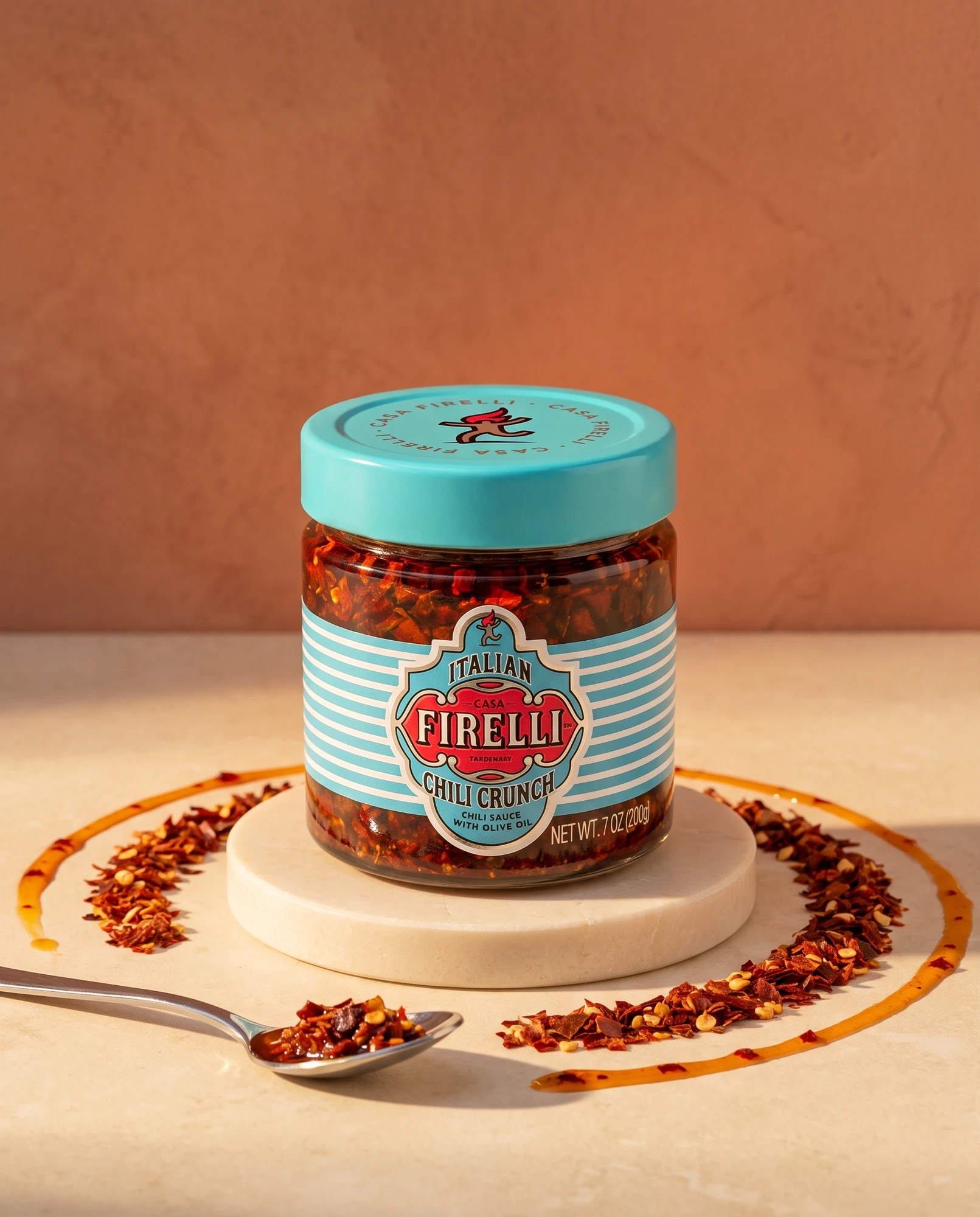 Vasetto di Chili Crunch Casa Firelli su alzata di marmo con cucchiaio, fiocchi di peperoncino e olio