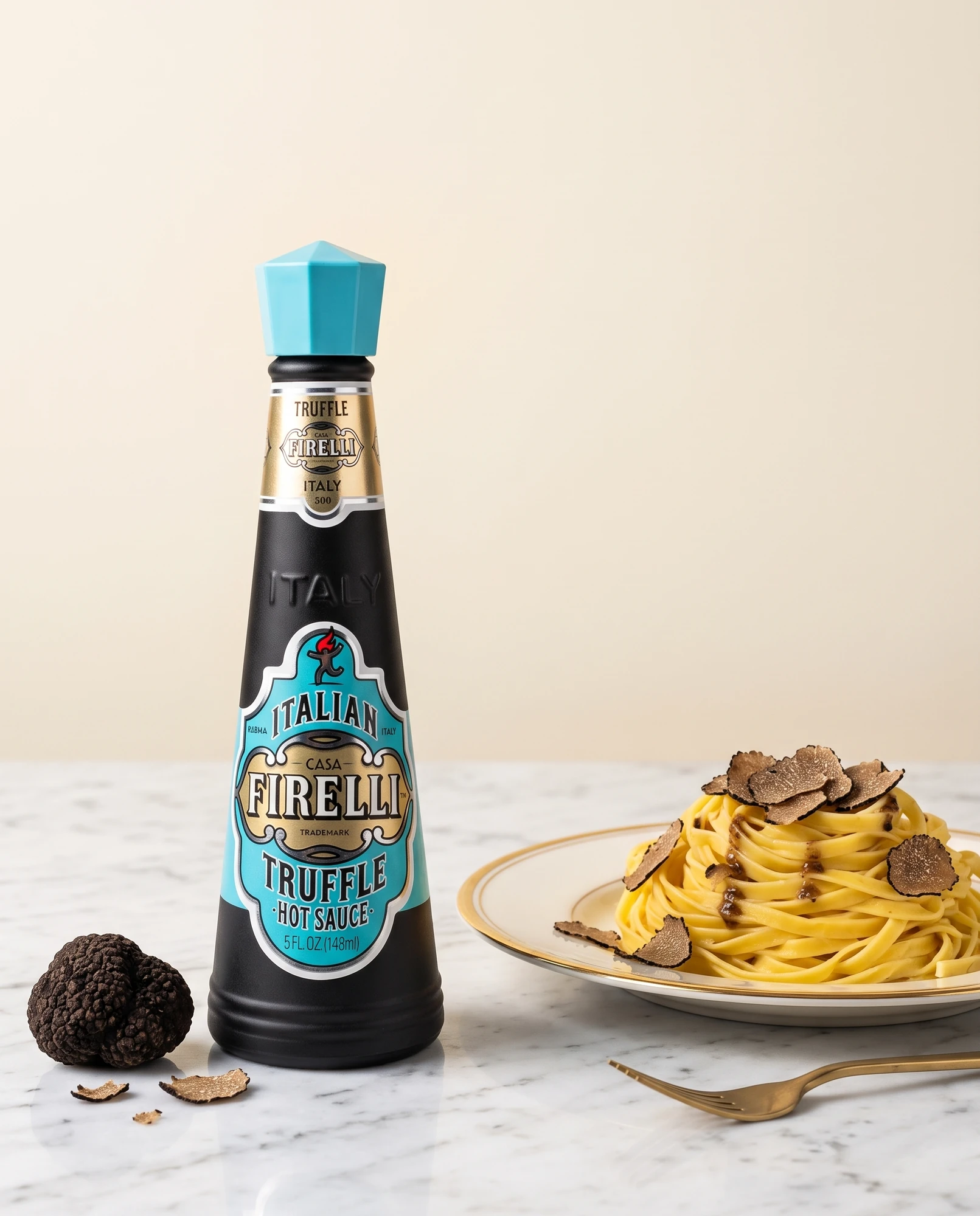 Bottiglia di Truffle Hot Sauce Casa Firelli con tartufo nero e piatto di tagliolini al tartufo su marmo