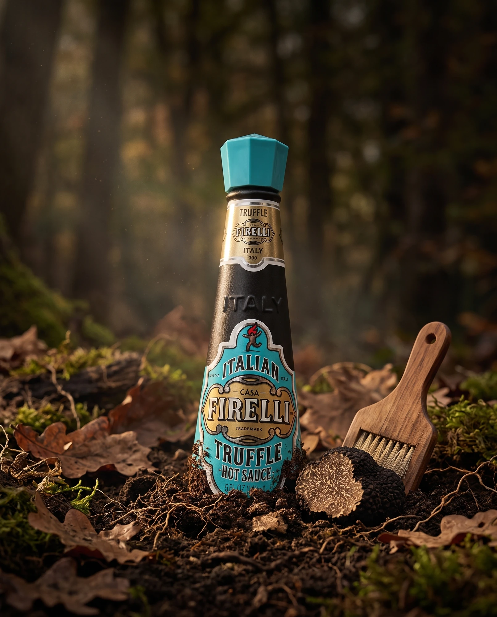 Bottiglia di Truffle Hot Sauce Casa Firelli nel sottobosco con tartufo nero, foglie secche e spazzolino