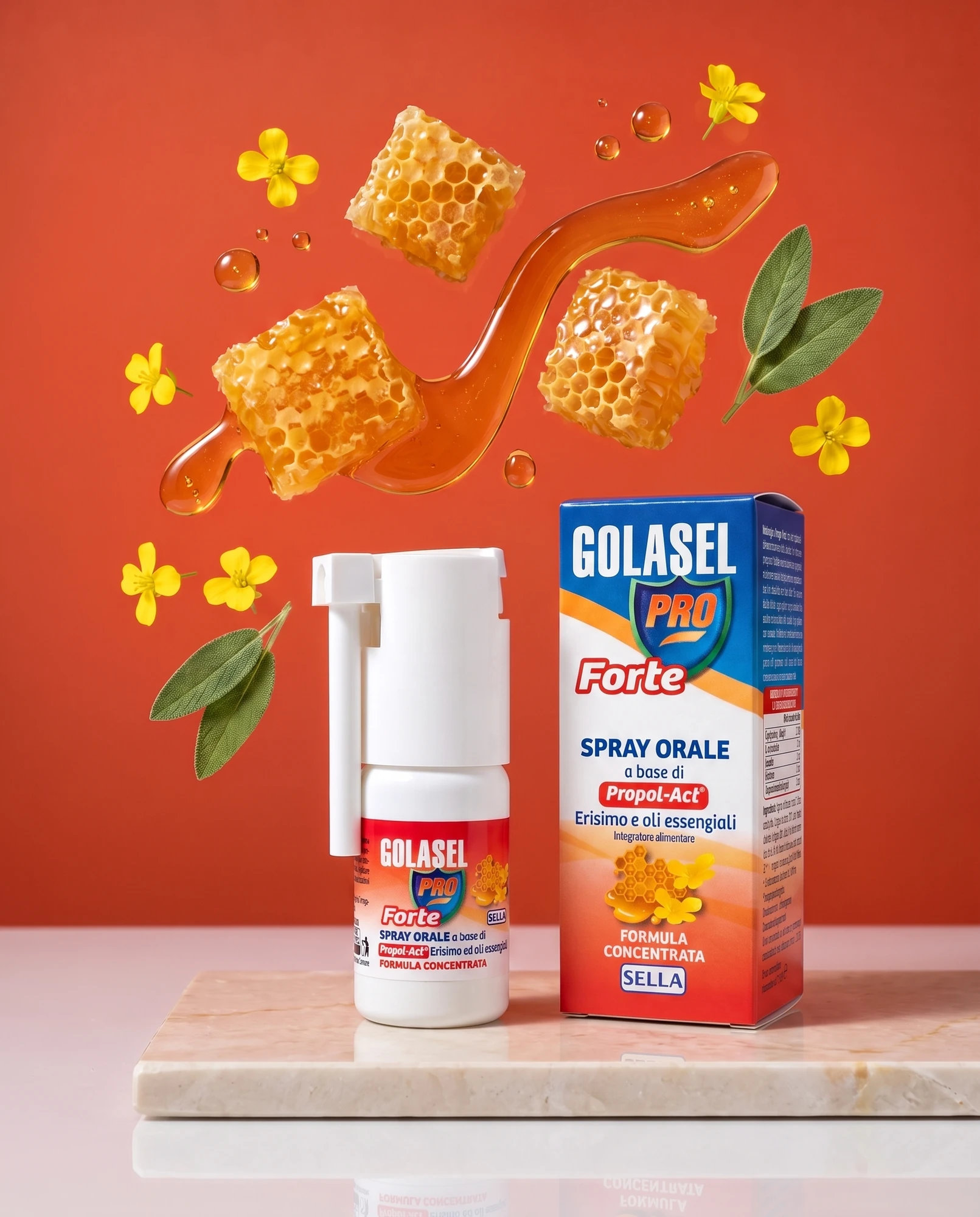Spray orale e confezione di Golasel Pro Forte con favi di miele, fiori gialli e foglie di salvia su sfondo arancio