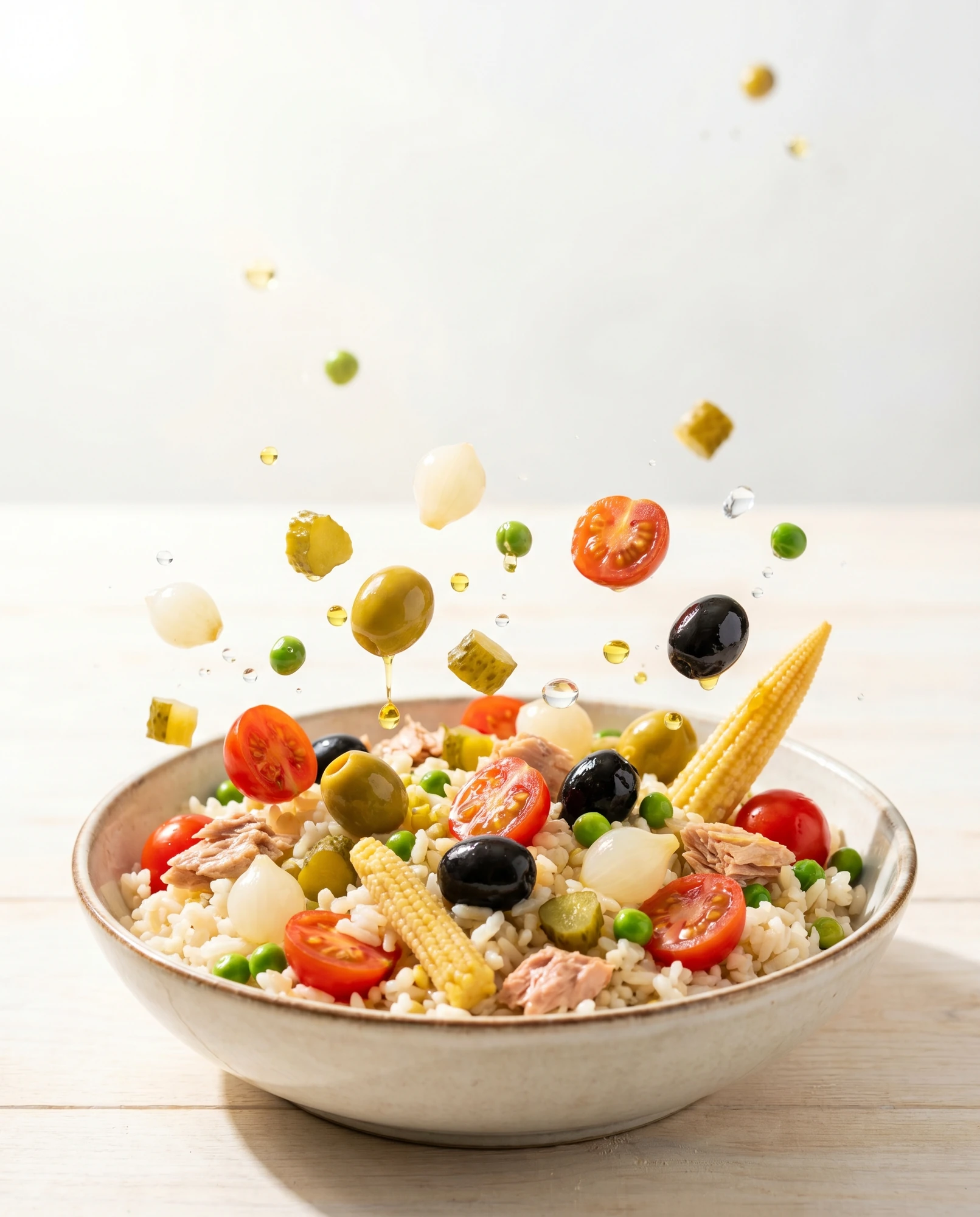 Ciotola di insalata di riso con olive, cipolline, mais, piselli, pomodorini e tonno, con ingredienti sospesi in aria