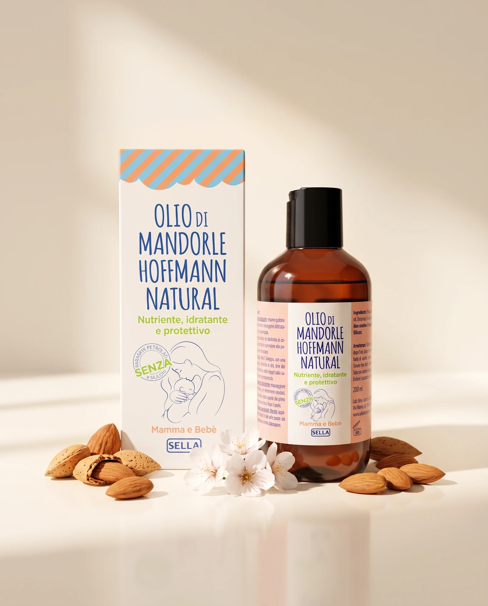 Confezione e flacone di Olio di Mandorle Hoffmann Natural con mandorle e fiori di mandorlo su sfondo chiaro
