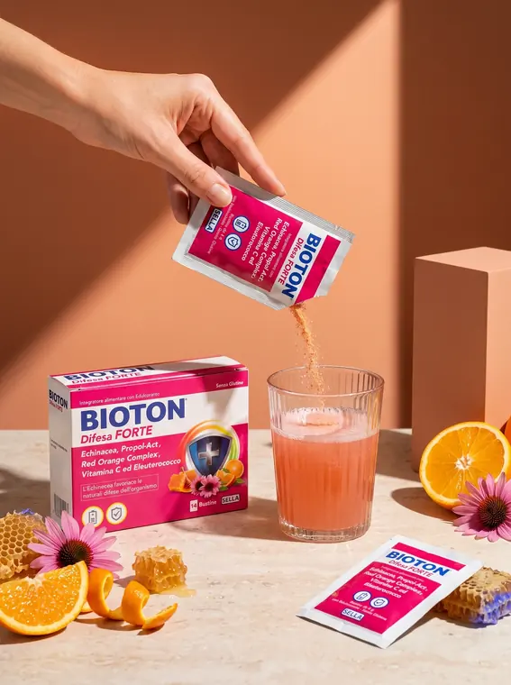 Mano che versa una bustina di Bioton Difesa Forte in un bicchiere, accanto alla confezione e ad arance