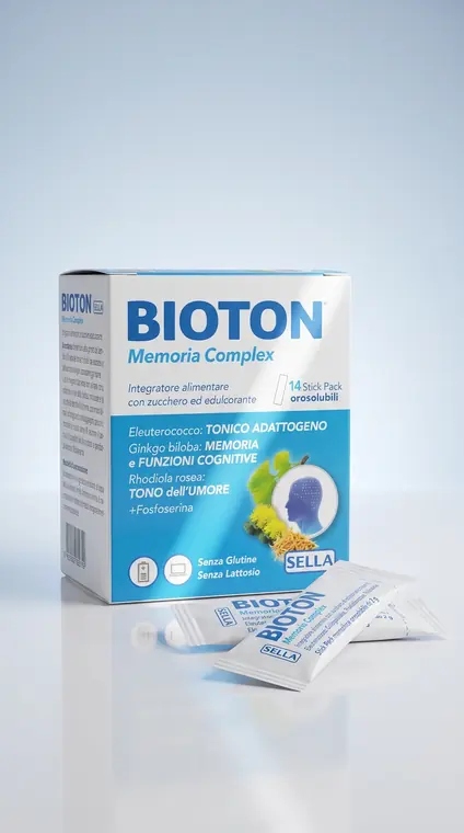 Confezione di Bioton Memoria Complex con bustine stick pack su superficie lucida bianca