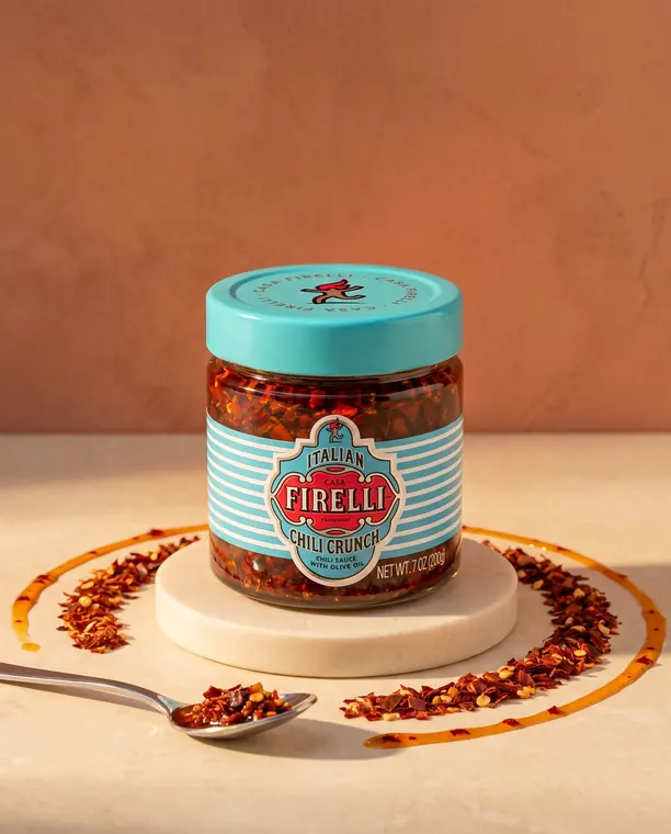 Vasetto di Chili Crunch Casa Firelli su alzata di marmo con cucchiaio, fiocchi di peperoncino e olio