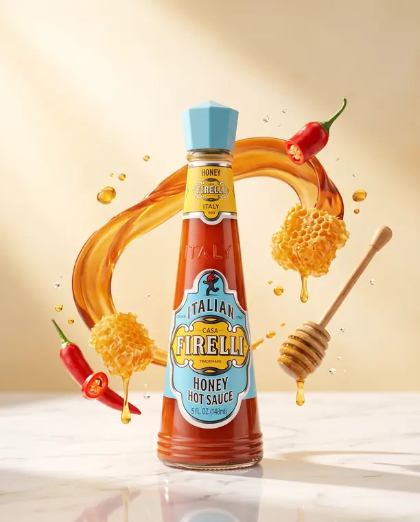 Bottiglia di Honey Hot Sauce Casa Firelli con una spirale di miele, favi, peperoncini e cucchiaio dosatore
