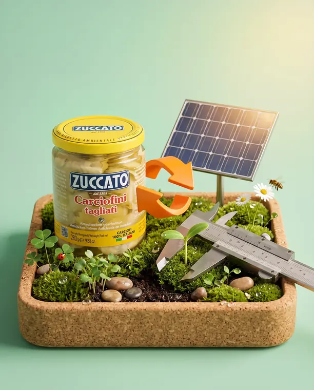 Vasetto di carciofini tagliati Zuccato su diorama in sughero con germogli, pannello solare e calibro