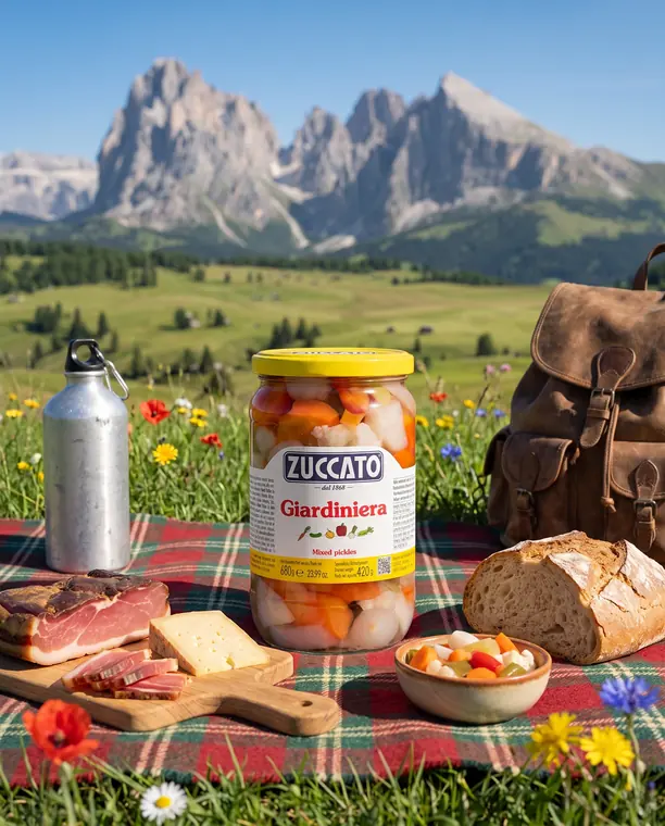 Vasetto di giardiniera Zuccato su plaid a quadri durante un picnic in montagna con speck e formaggio