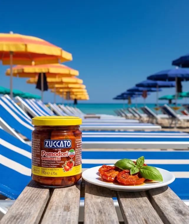 Vasetto di pomodori semisecchi Zuccato su tavolino di legno con piatto di pomodori e basilico, sulla spiaggia