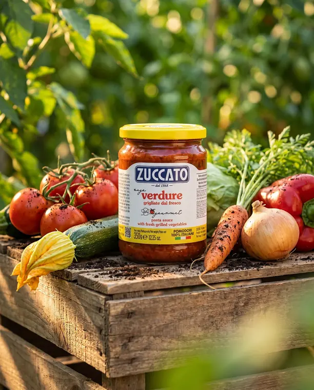 Vasetto di sugo con verdure grigliate Zuccato su cassetta di legno con pomodori, zucchine, carota e cipolla