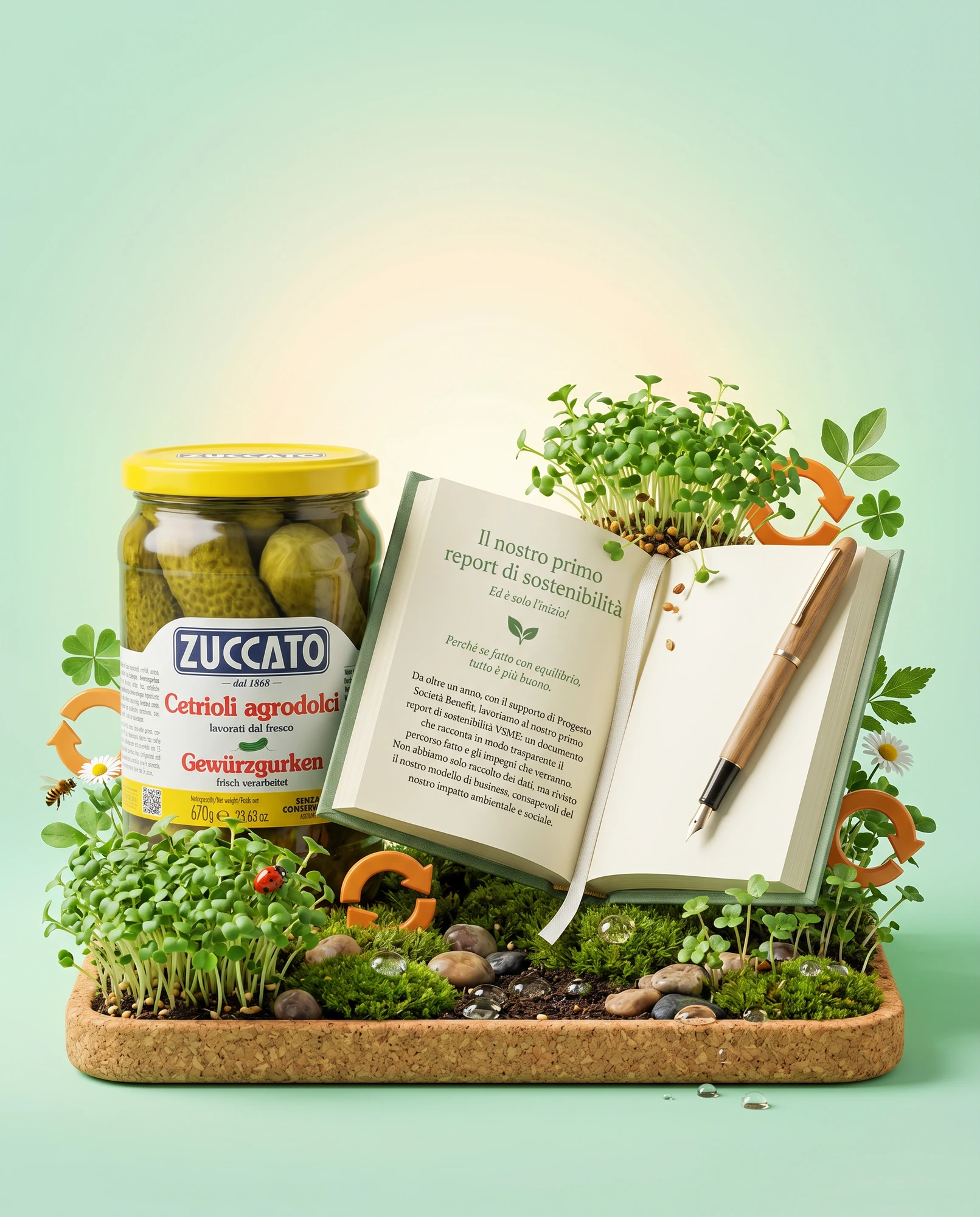 Vasetto di cetrioli agrodolci Zuccato su diorama in sughero con germogli e libro aperto sul report di sostenibilità