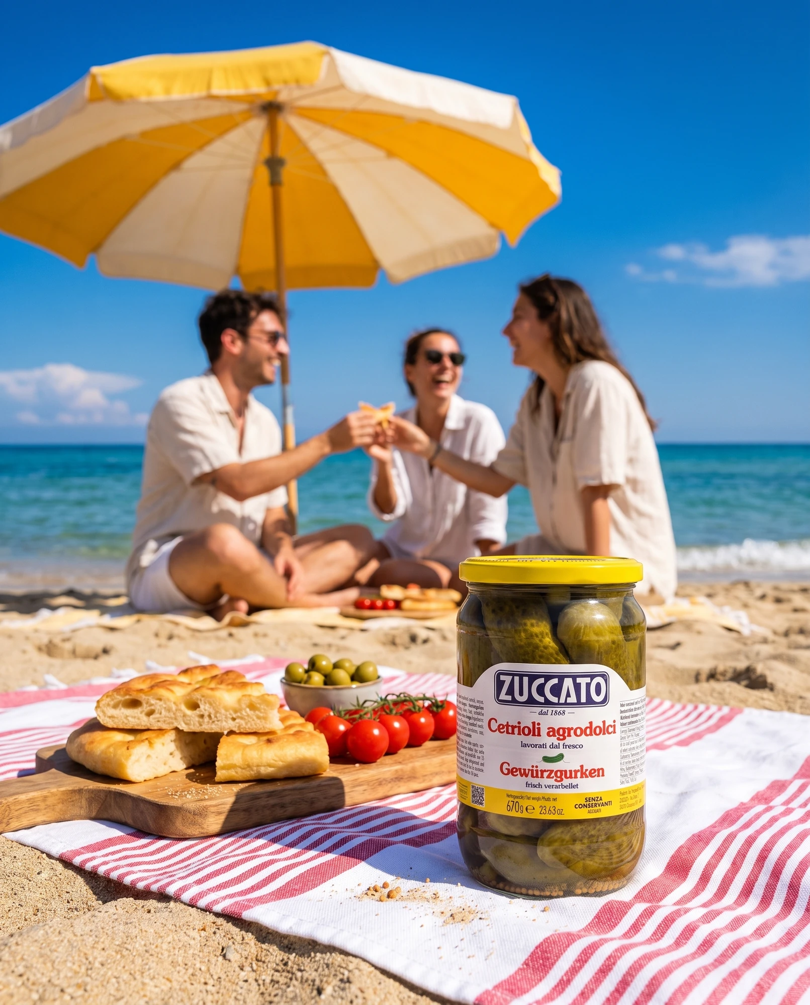Vasetto di cetrioli agrodolci Zuccato su telo da spiaggia, con amici che brindano e focaccia