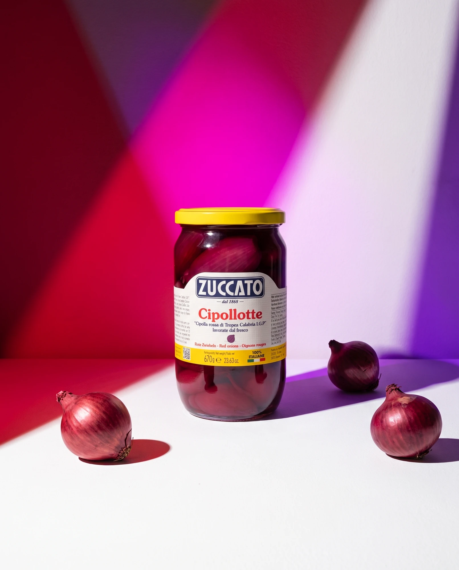 Vasetto di cipollotte di cipolla rossa di Tropea IGP Zuccato con cipolle fresche e fasci di luce colorata