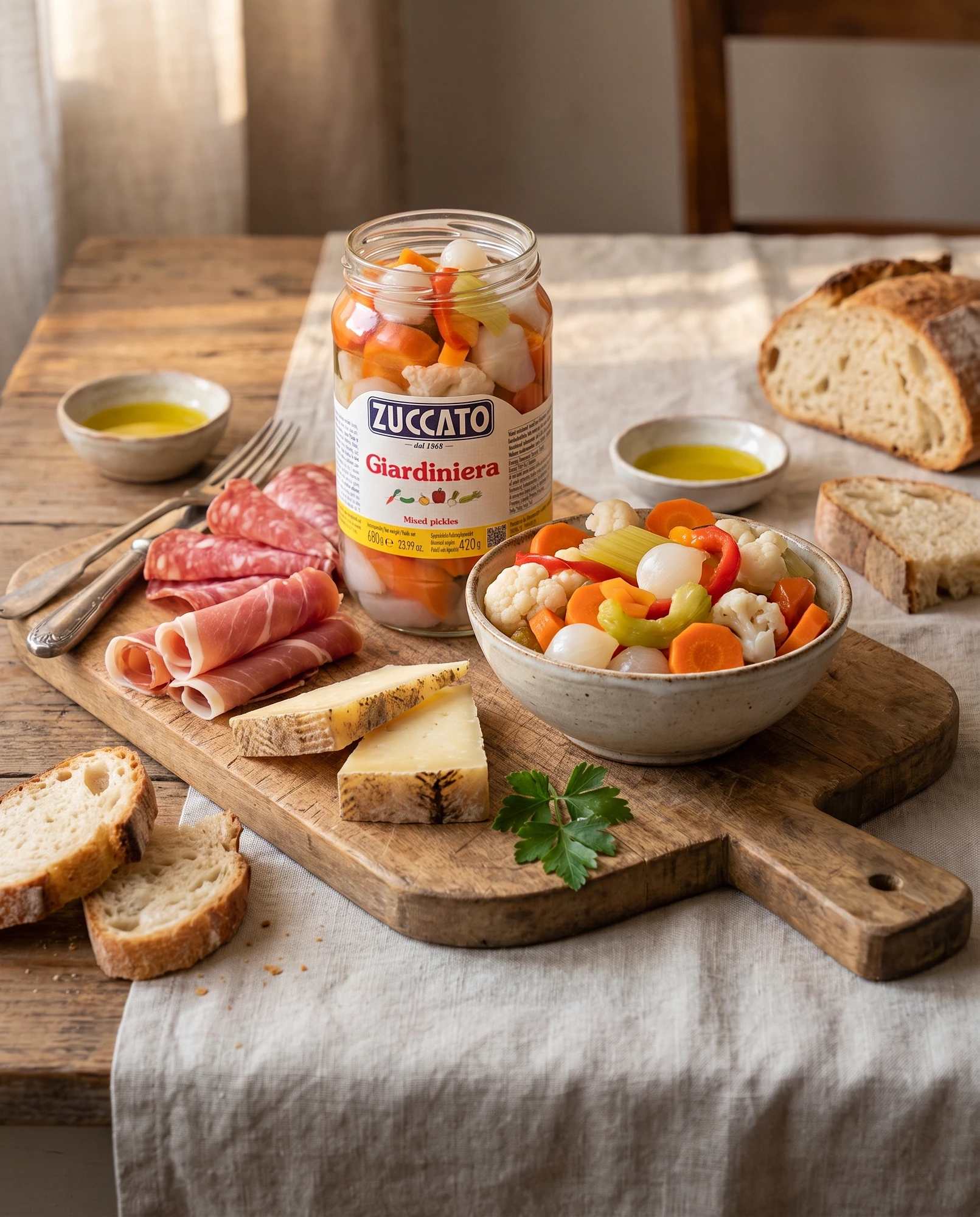Vasetto di giardiniera Zuccato su tagliere con salumi, formaggio e pane, accanto a una ciotola di verdure