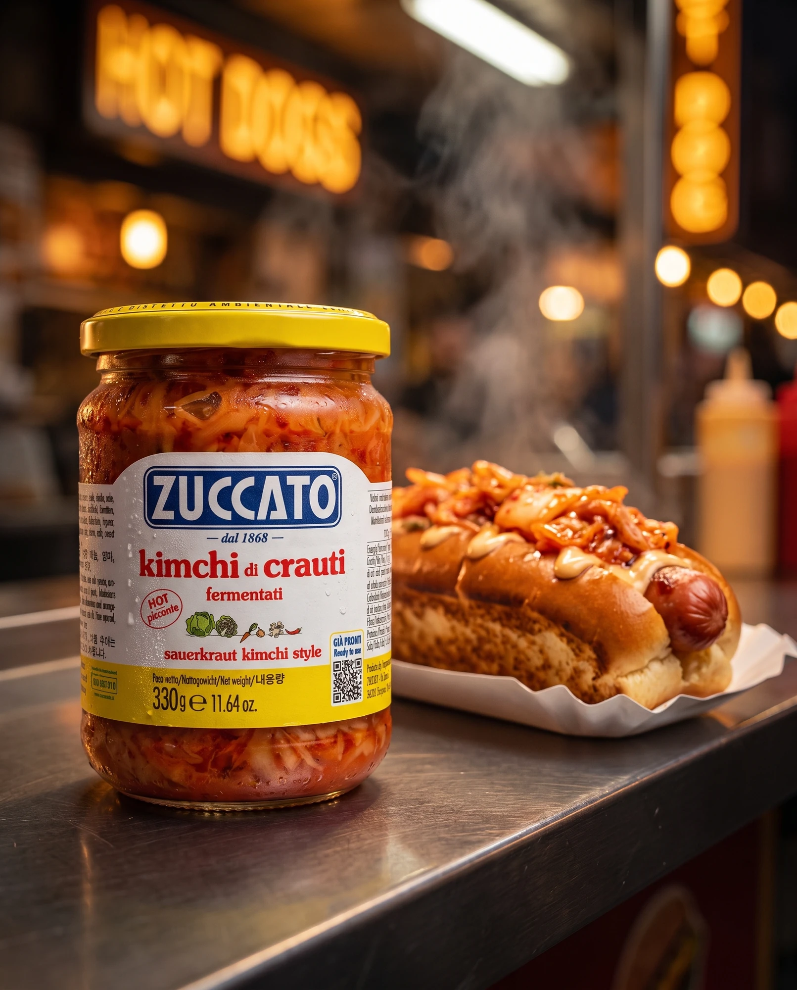 Vasetto di kimchi di crauti Zuccato accanto a un hot dog condito, in un chiosco di street food