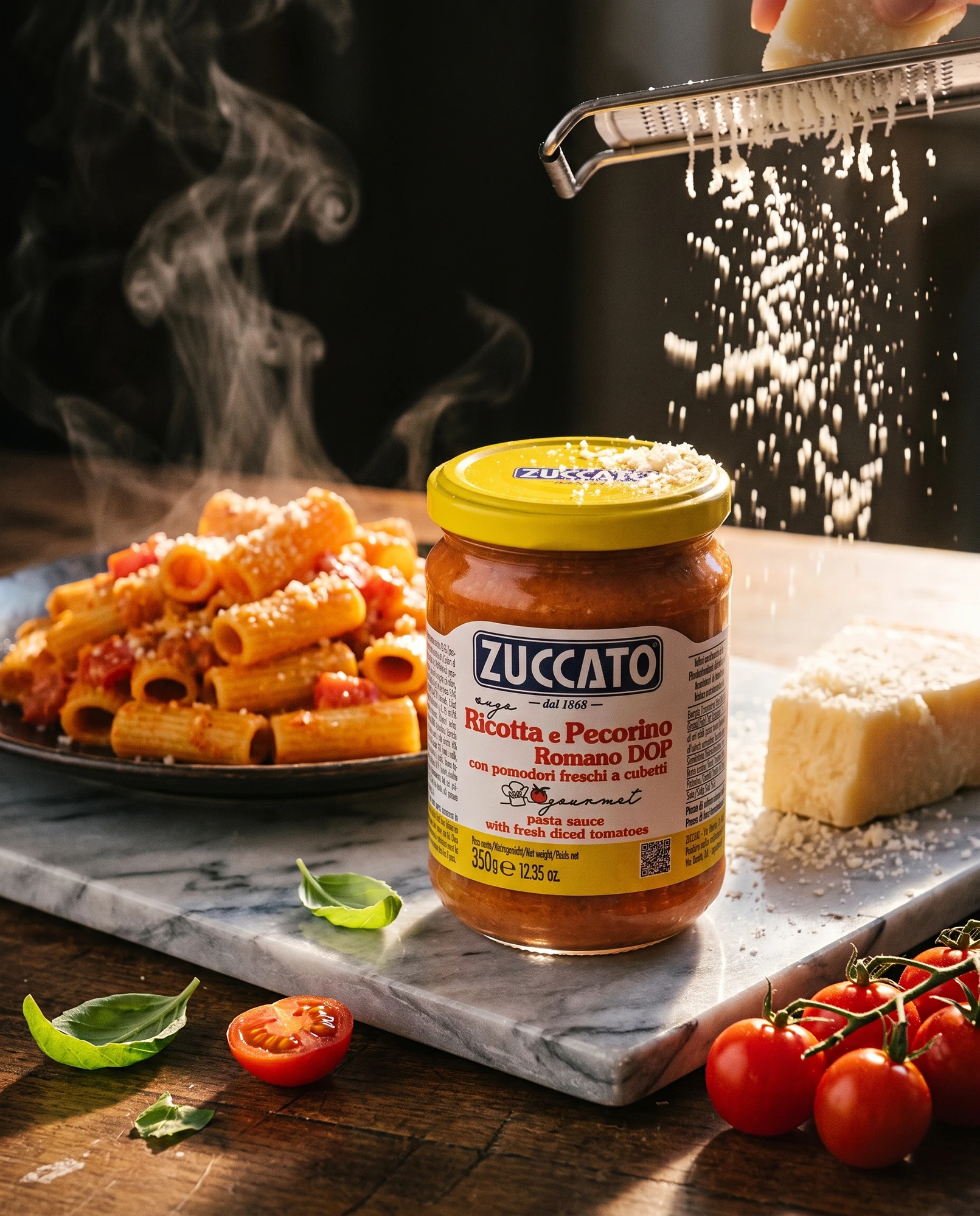 Vasetto di sugo ricotta e pecorino romano DOP Zuccato con piatto di rigatoni fumanti e formaggio grattugiato