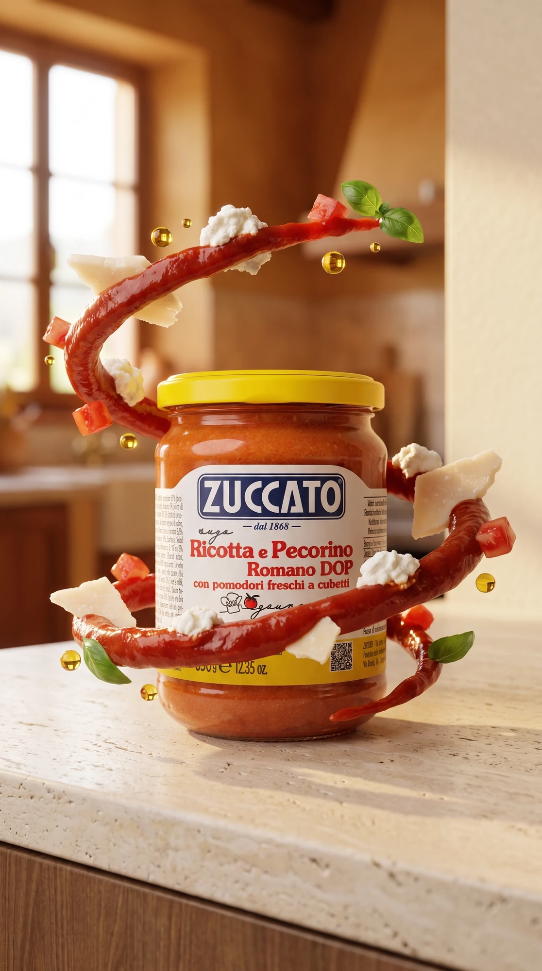 Vasetto di sugo ricotta e pecorino romano DOP Zuccato avvolto da una spirale di peperoncino, scaglie di pecorino e ricotta